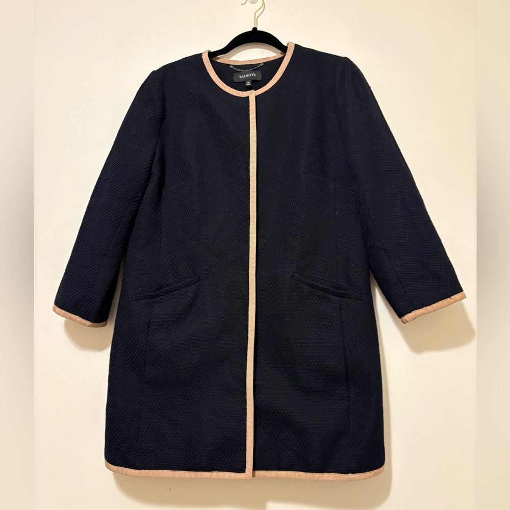 Talbots Black and Tan Trench Coat tweed  w/ Beige Trim Size 10 Cotton
